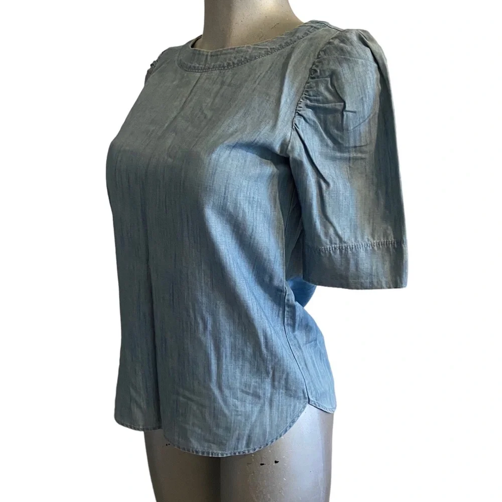 LOFT Chambray Boho Top Blouse Elbow Puff Sleeve Peasant Coastal Oversized XS